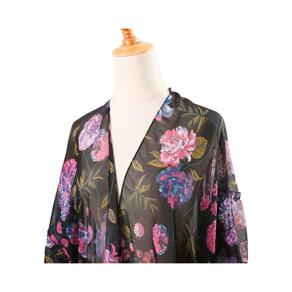 Damen-Kimono-Cardigan aus Chiffon mit Blumendruck, Puffärmeln, lockere, lässige Blusenoberteile