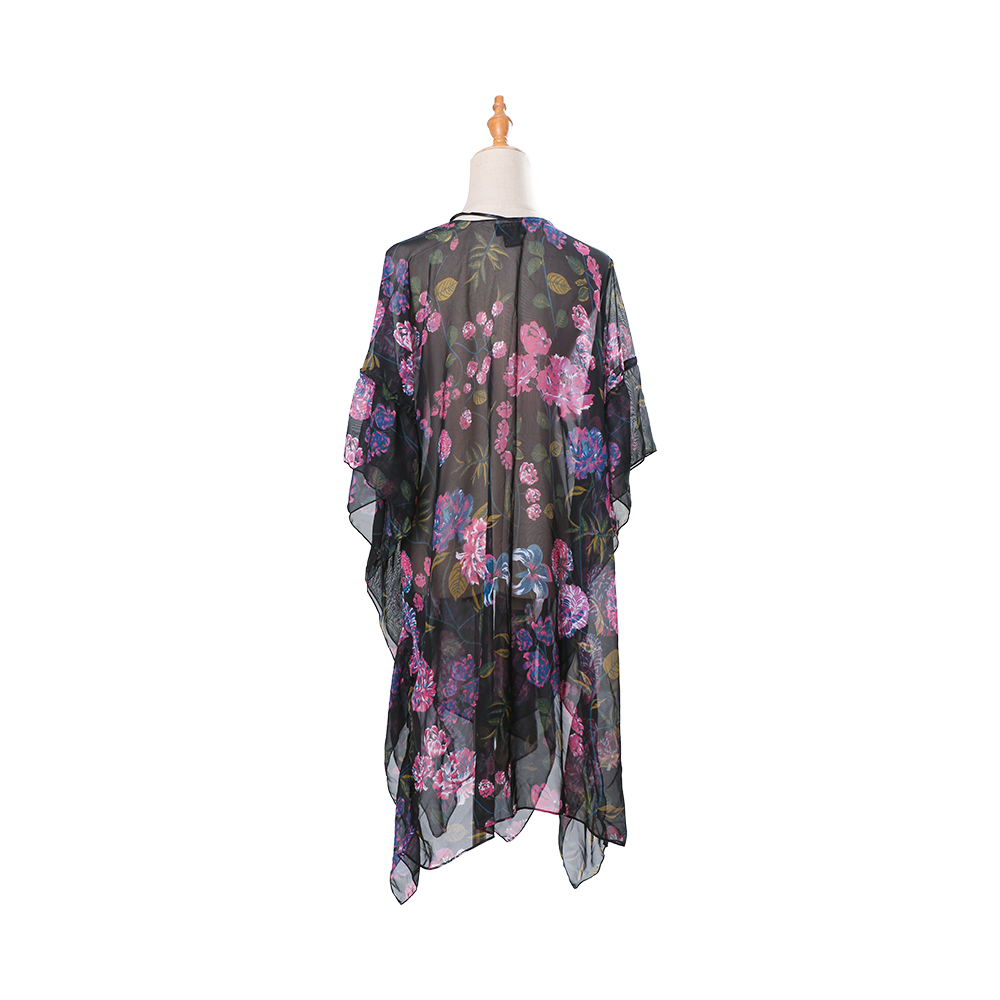 Damen-Kimono-Cardigan aus Chiffon mit Blumendruck, Puffärmeln, lockere, lässige Blusenoberteile